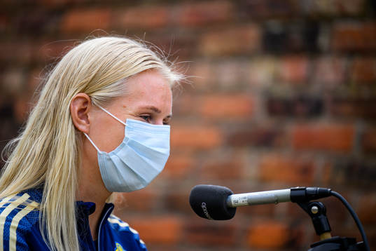Stina Blackstenius of the Swedish women's national football team at is interviewed by the media at a press event