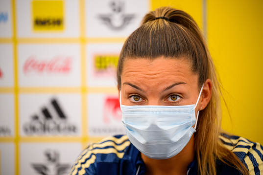 Johanna Rytting Kaneryd of the Swedish women's national football team at is interviewed by the media at a press event