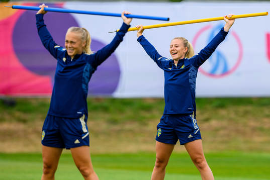 Hanna Bennison and Rebecka Blomqvist of the Swedish women's national football team at a training session