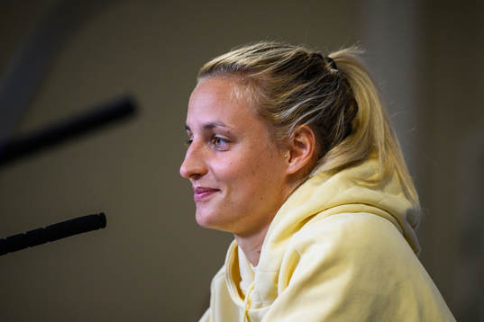 Nathalie Björn of the Swedish women's national football team at a press conference