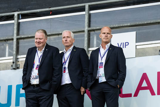 Karl-Erik Nilsson, president, Håkan Sjöstrand, general secretary and Jens T. Andersson, head of national teams at the Swedish Football Association, ahead of the UEFA Women's Euro 2022 quarter final match between between Sweden and Belgium on July 22, 2022 in Leigh. 