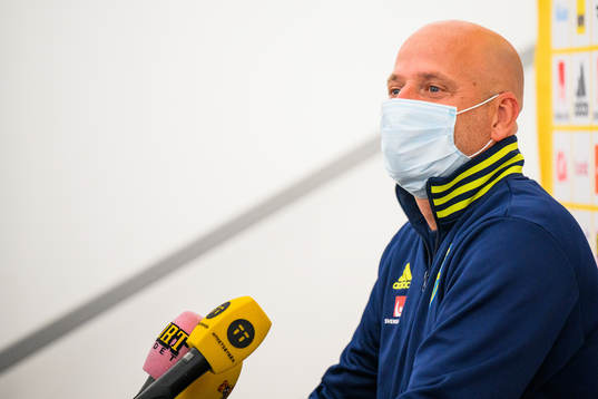 Magnus Wikman, assistant coach of the Swedish women's national football team is interviewed by the media at a press conference