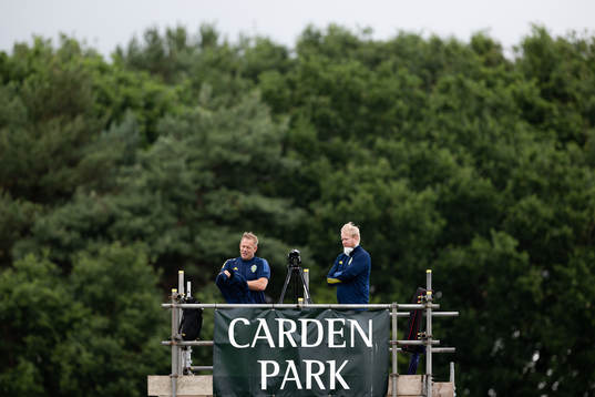 Head of security Stefan Dejemyr and analyst Anders Eriksson of the Swedish women's national football team at a training session