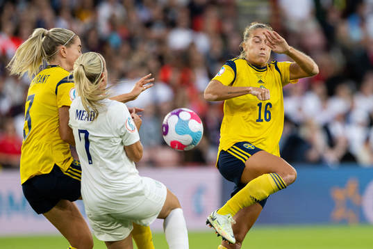 Linda Sembrant and Filippa Angeldahl of Sweden against Beth Mead of England