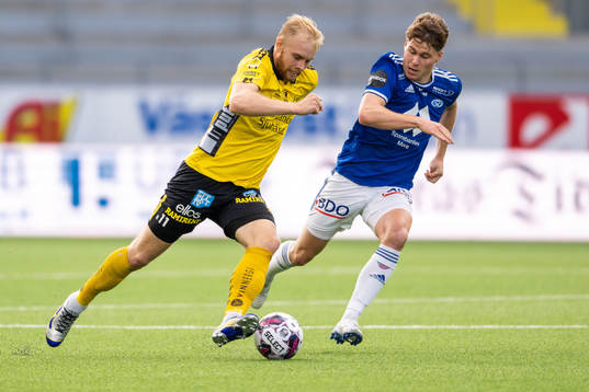 Sveinn Gudjohnsen of Elfsborg and Emil Breivik of Molde during the UEFA Conference League match between Elfsborg and Molde on July 28, 2022 in Borås. 
