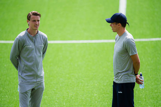 Marius Christopher Høibråten and Anders Ågnes Konradsen of Bodø/Glimt ahead of the Eliteserien match between Aalesund and Bodø/Glimt on July 30, 2022 in Ålesund.