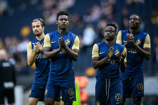 Henry Atola and Erick Otieno Ouma of AIK ahead of the UEFA Conference League qualification match between AIK and KF Shkendija on August 4, 2022 in Stockholm. 