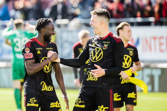 Östersunds Mansour Sinyan och Myroslav Mazur jublar