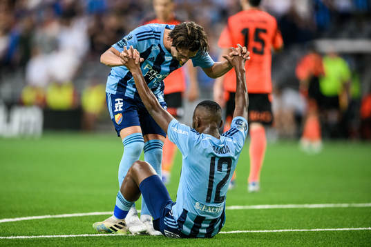 Gustav Wikheim and Emmanuel Banda of Djurgården