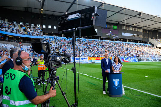 Communication director Mattias Larsson and Saga Fredriksson in the studio ahead of the UEFA Europa League play-off match between Malmö FF and Sivasspor on August 18, 2022 in Malmö. 
