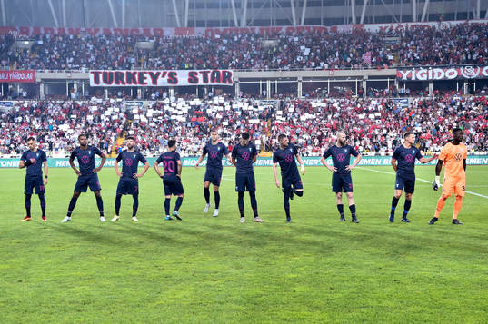 Players of Malmö FF at lineup ahead of the UEFA Europa League play-off match between Sivasspor and Malmö FF on August 25, 2022 in Sivas. 