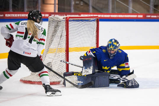 goaltender Ida Boman of Sweden saves a penalty shot from