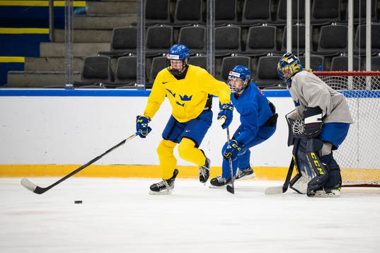 Sara Hjalmarsson, Jessica Adolfsson and goaltender Ida
