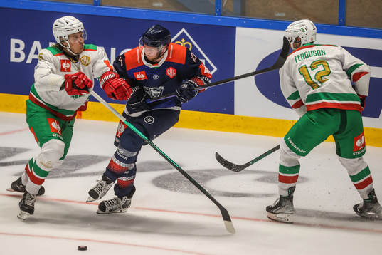 Tony Sund of Rögle against Istvan Bartalis of Fehervar