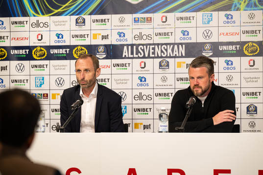 Malmö FFs tränare Andreas Goergson och Elfsborgs manager Jimmy Thelin