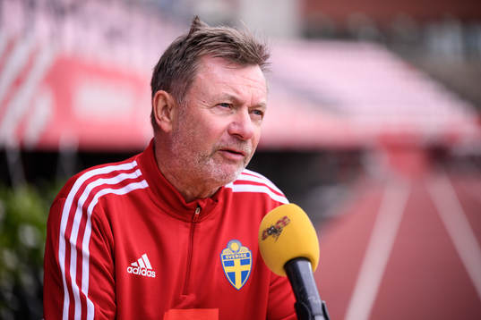 Peter Gerhardsson, head coach of the Swedish women's national football team speaks to media