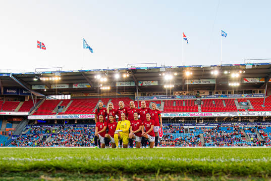 The starting eleven of Norway, from the top left; Ingrid Syrstad Engen, Anna Langås Jøsendal, Sophie Roman Haug, Guro Bergsvand, Frida Leonhardsen Maanum, Maren Nævdal Mjelde, Guro Reiten, Tuva Hansen, goalkeeper Aurora Mikalsen, Elisabeth Terland oand Marit Bratberg Lund poses for a team group photo ahead of