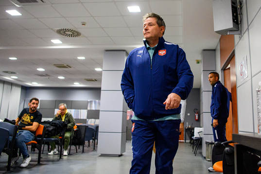 Head coach Dragan Stojkovic arrives for a press conference with the Serbian national football team