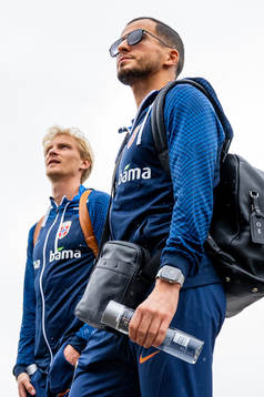Morten Thorsby and Omar Elabdellaoui of the Norwegian national football team ahead of boarding a flight at Oslo airport on September 23, 2022 in Oslo. 