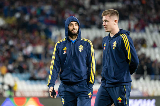 Aiham Ousou and Patrik Wålemark of Sweden ahead of the Nations League between Serbia and Sweden on September 24, 2022 in Belgrade. 
