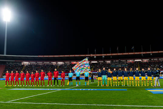 Players of Serbia and Sweden ahead of the Nations League between Serbia and Sweden on September 24, 2022 in Belgrade. 