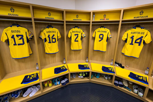 Jerseys of Aiham Ousou, Viktor Gyökeres, Joel Andersson, Patrik Wålemark and Edvin Kurtulus in the dressing room of Sweden ahead of the Nations League football match between Sweden and Slovenia on September 27, 2022 in Stockholm. 