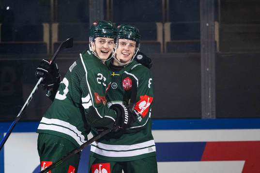 Lucas Forsell and Anton Berglund of Färjestad celebrate