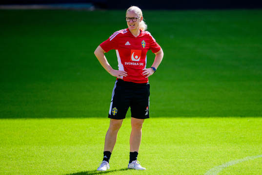 Assistant coach Victoria Sandell of the Swedish women's national football team at a training session