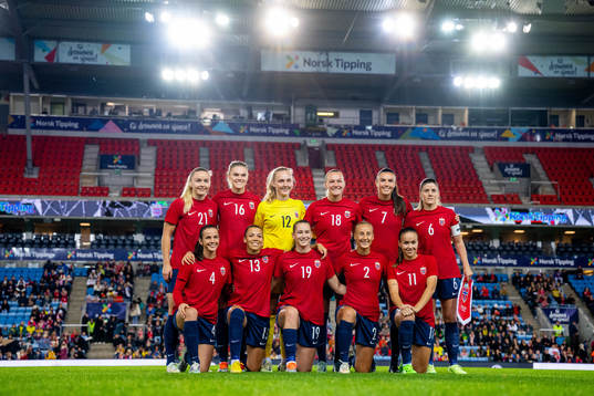  Anna Jøsendal, Kristine Bjørdal Leine, goalkeeper Sunniva Skoglund, Frida Maanum, Ingrid Syrstad Engen and Maren Mjelde. Front left: Tuva Hansen, Celin Bizet Ildhusøy, Elisabeth Terland, Anja Sønstevold and Guro Reiten.