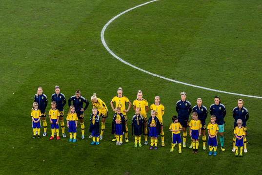 Elin Rubensson, Olivia Schough, Filippa Angeldahl, Nathalie Björn, Amanda Ilestedt, Stina Blackstenius, Kosovare Asllani, Lina Hurtig, Jonna Andersson, goalkeeper Zecira Musovic and Magdalena Eriksson of Sweden