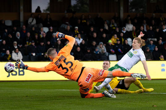 Hammarbys Gustav Ludwigson gör 0-1 bakom Mjällbys målvakt Samuel Brolin
