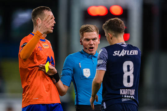 Sander Erik Kartum of Kristiansund after receiving a yellow card by Marius Lien, referee,