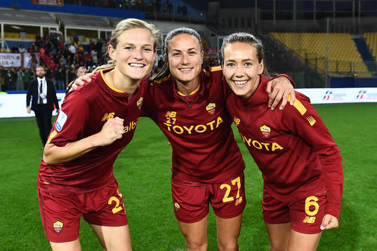 Carina Wenninger, Beata Kollmats, Elin Landström of Roma celebrate after the Super cup match between Juventus and Roma on November 5, 2022 in Parma. 
