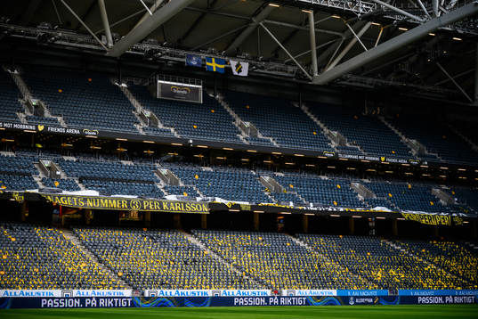 Flaggor och banderoller på den östra läktaren på Friends Arena