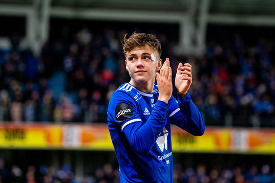 Johan Johanessen Bakke of Molde celebrates winning the league after the Eliteserien football match between Molde and Sandefjord on November 6, 2022 in Molde. 
