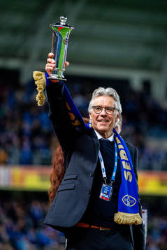 Odd Ivar Moen, chairman of Molde, celebrates winning the league