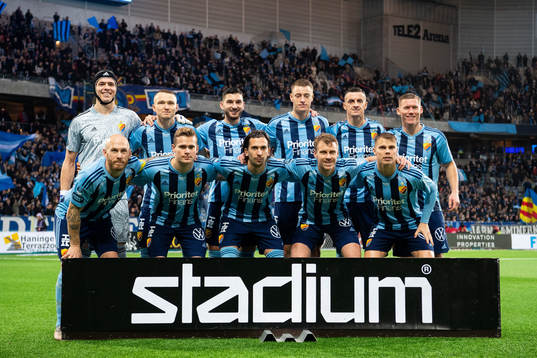 Djurgårdens startelva poserar för porträtt. Fr. vä. målvakt Jacob Widell Zetterström, Piotr Johansson, Besard Sabovic, Jesper Löfgren, Haris Radetinac, Victor Edvardsen, Magnus Eriksson, Hampus Finndell, Gustav Wikheim, Rasmus Schuller och Elias Andersson