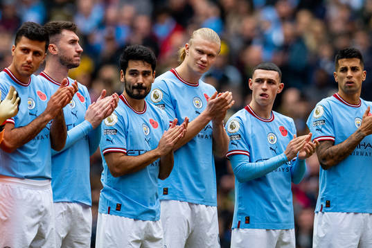 Rodri, Aymeric Laporte, Ilkay Gündogan, Erling Braut Haaland, Phil Foden and João Cancelo of Manchester City ahead of the Premier League football match between Manchester City and Brentford on November 12, 2022 in Manchester. 