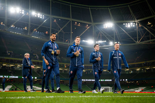 Ohi Omoijuanfo, Kristoffer Zachariassen, Hugo Vetlesen and Marius Lode of Norway ahead of the international friendly football match between Republic of Ireland and Norway on November 17, 2022 in Dublin. 
