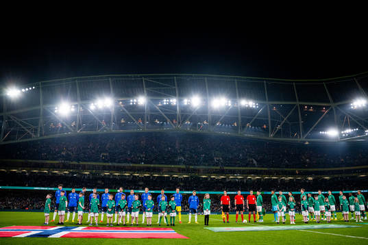 Players of both teams line up ahead of the international friendly football match between Republic of Ireland and Norway on November 17, 2022 in Dublin. 