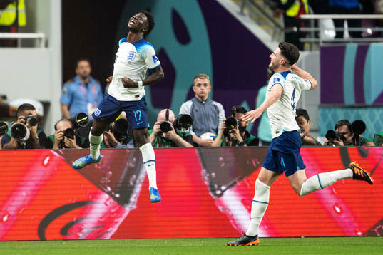 Bukayo Saka and Declan Rice of England celebrate 2-0