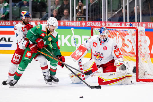 Ludvig Larsson of Rögle in action against Lukas Schreier