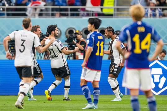 Thomas Müller, Ilkay Gündogan and Serge Gnabry of Germany celebrates after 1-0