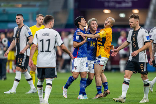 Takumi Minamino, Takuma Asano and Yuto Nagatomo of Japan