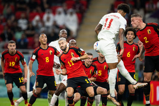 Youri Tielemans, Yannick Carrasco, Timothy Castagne and Toby Alderweireld of Belgium against Tajon Buchanan of Canada