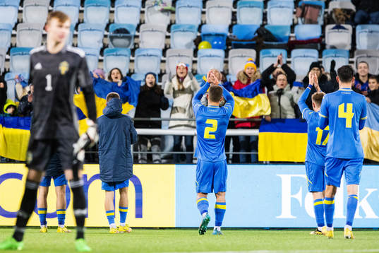 Ukrainas spelare jublar med publiken