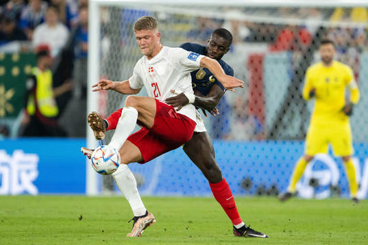 Andreas Cornelius of Denmark and Dayot Upamecano of France