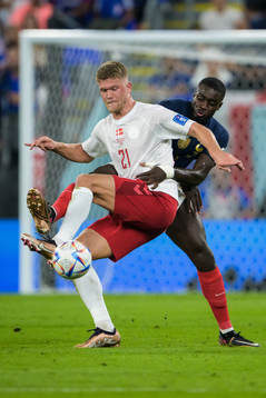 Andreas Cornelius of Denmark and Dayot Upamecano of France