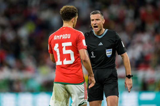 Ethan Ampadu of Wales and referee Slavko Vincic