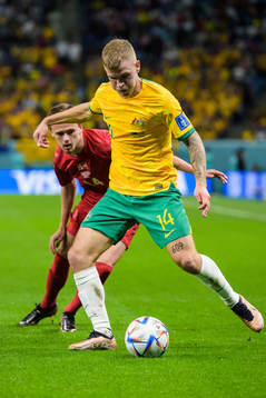 Mikkel Damsgaard of Denmark and Riley McGree of Australia